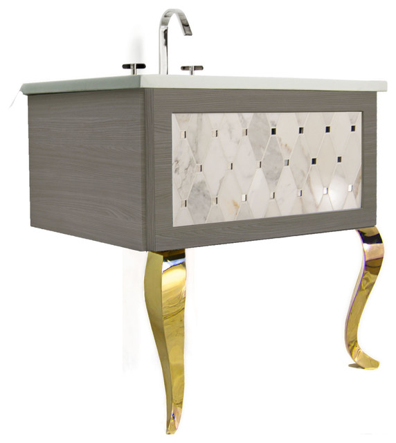 24 Bathroom Vanity Marble Mosaic Insert Weathered Ash Gold Piano Legs