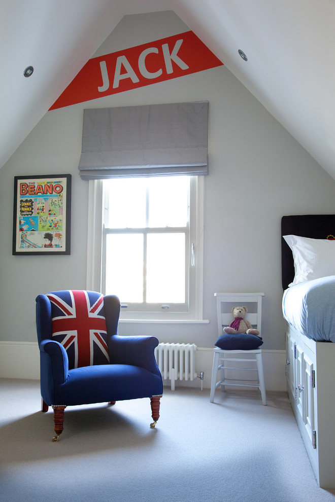 Traditional kids' bedroom in London with grey walls and carpet for boys.