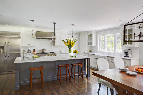 Transitional kitchen example for IKEA kitchen cabinet ideas with layered storage, soft finishes, and functional family layout.