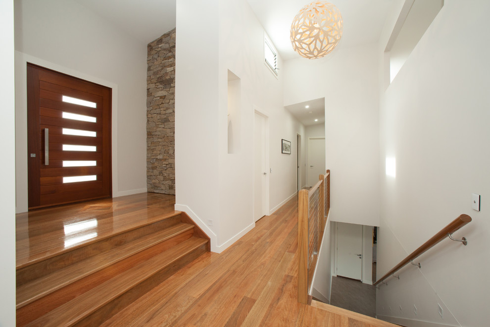 Inspiration for a mid-sized contemporary entryway in Brisbane with white walls and medium hardwood floors.