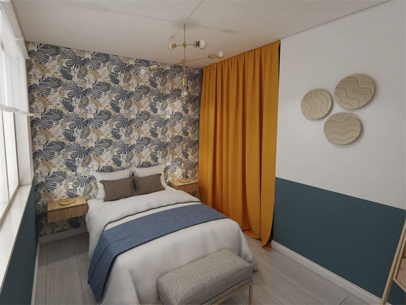 Idée de décoration pour une chambre d'amis design de taille moyenne avec un mur bleu, un sol gris et un sol en contreplaqué.
