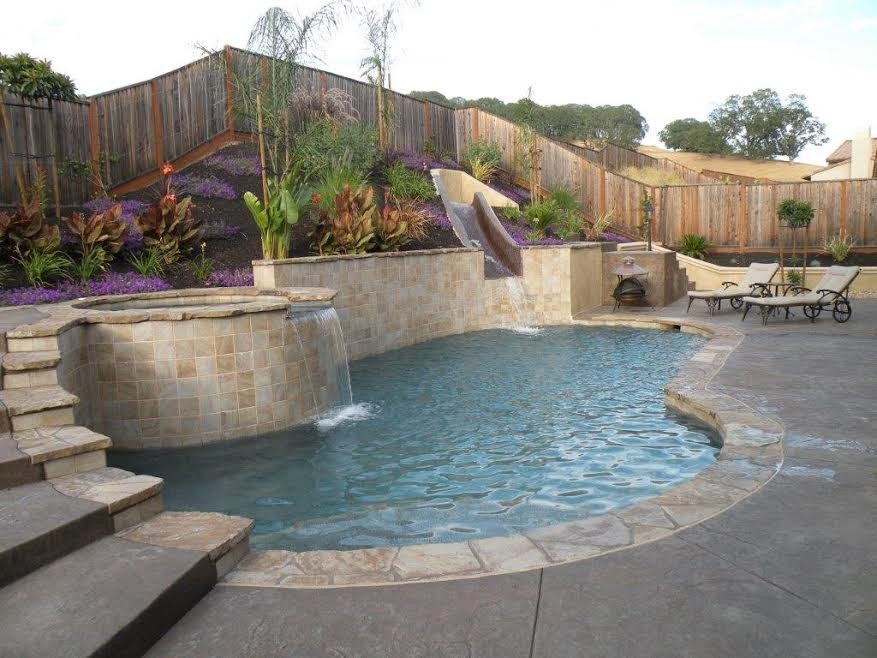 Elegant backyard stone and custom-shaped pool photo in Sacramento