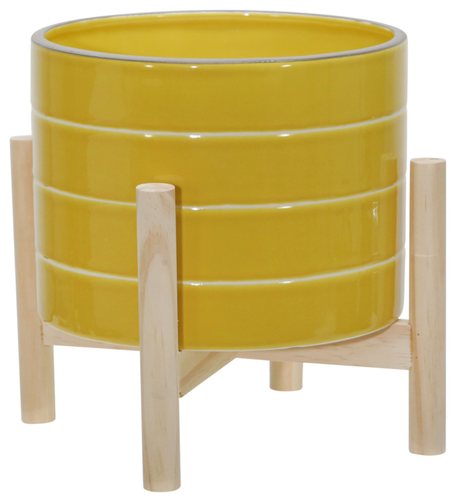 8" Ceramic Striped Planter With Wood Stand, Yellow Contemporary