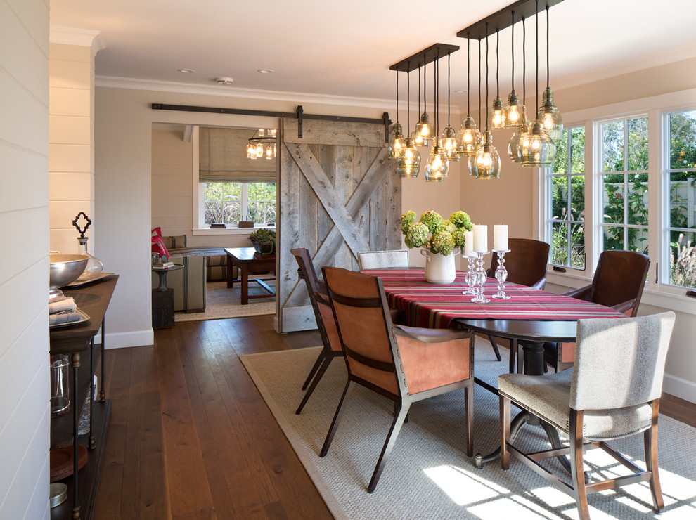 This is an example of a country dining room in San Diego with medium hardwood floors and beige walls.