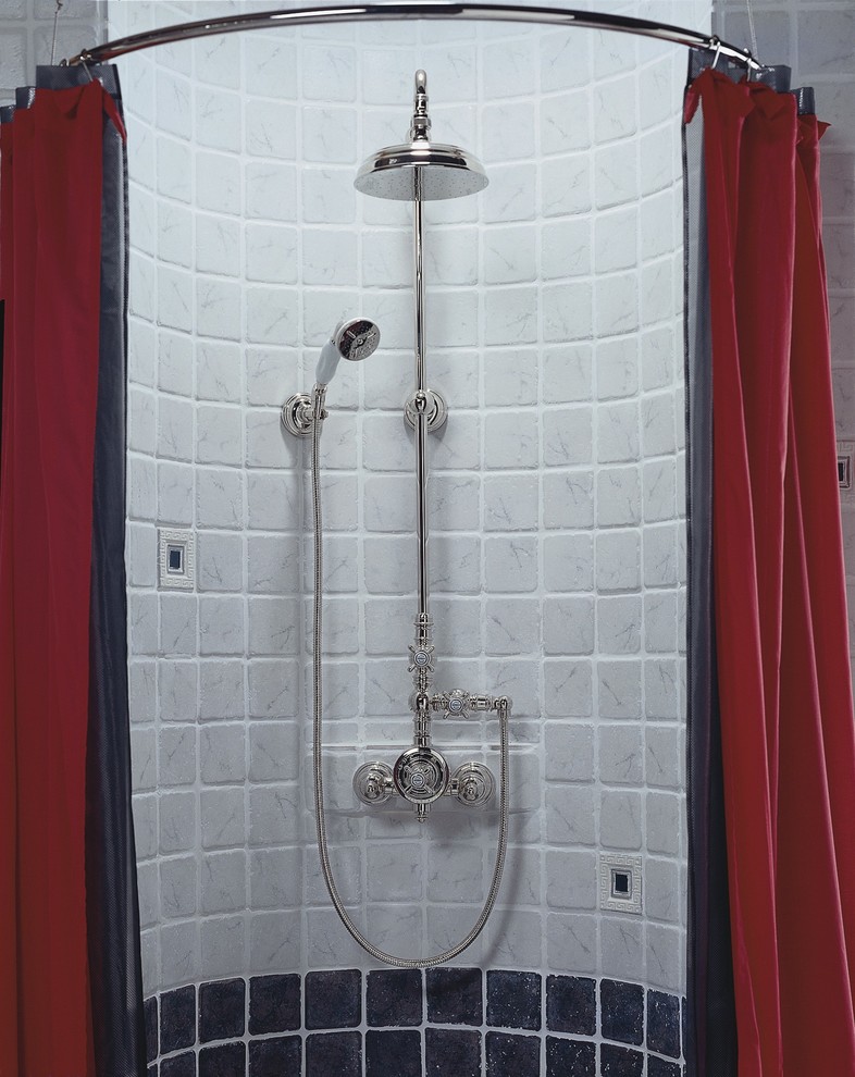 Photo of a traditional master bathroom in Miami with a corner shower, white walls and ceramic tile.