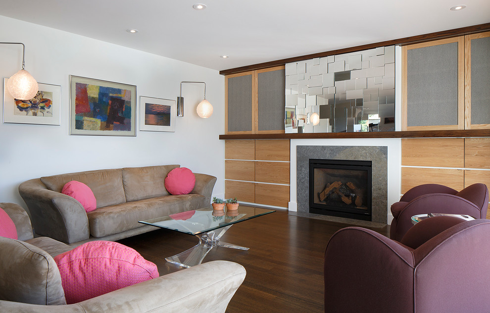 Mid-sized trendy open concept dark wood floor and brown floor living room photo in San Francisco with white walls, a standard fireplace, a tile fireplace and a concealed tv