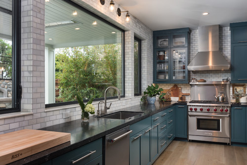 granite countertops with bold cabinets