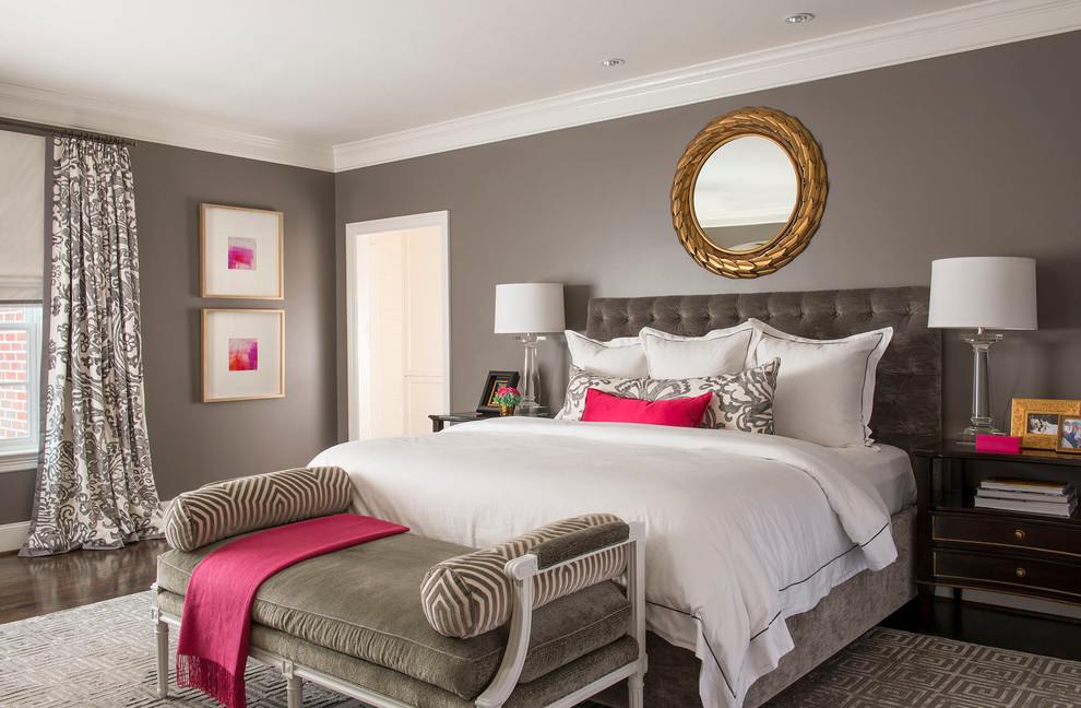 This is an example of a traditional bedroom in Dallas with grey walls and dark hardwood floors.