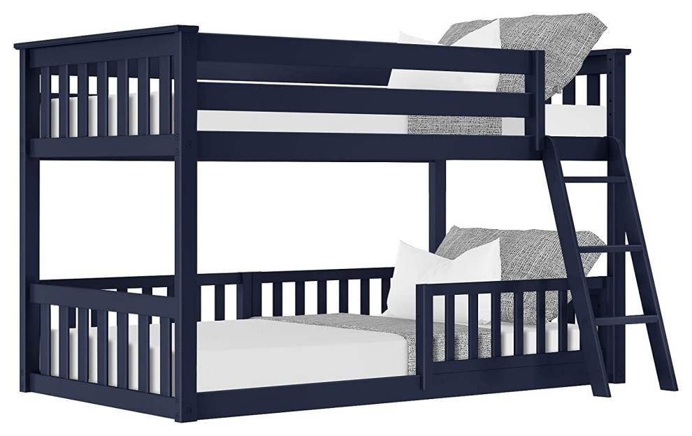 Twin Low Bunk Bed, Slatted Support With 3 Safety Guard Rails and Ladder