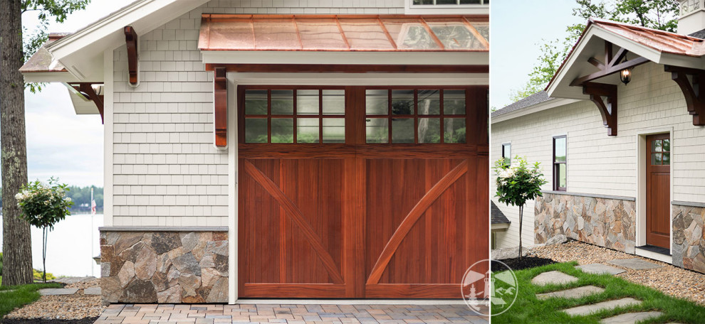 Design ideas for a mid-sized arts and crafts detached two-car garage in Boston.