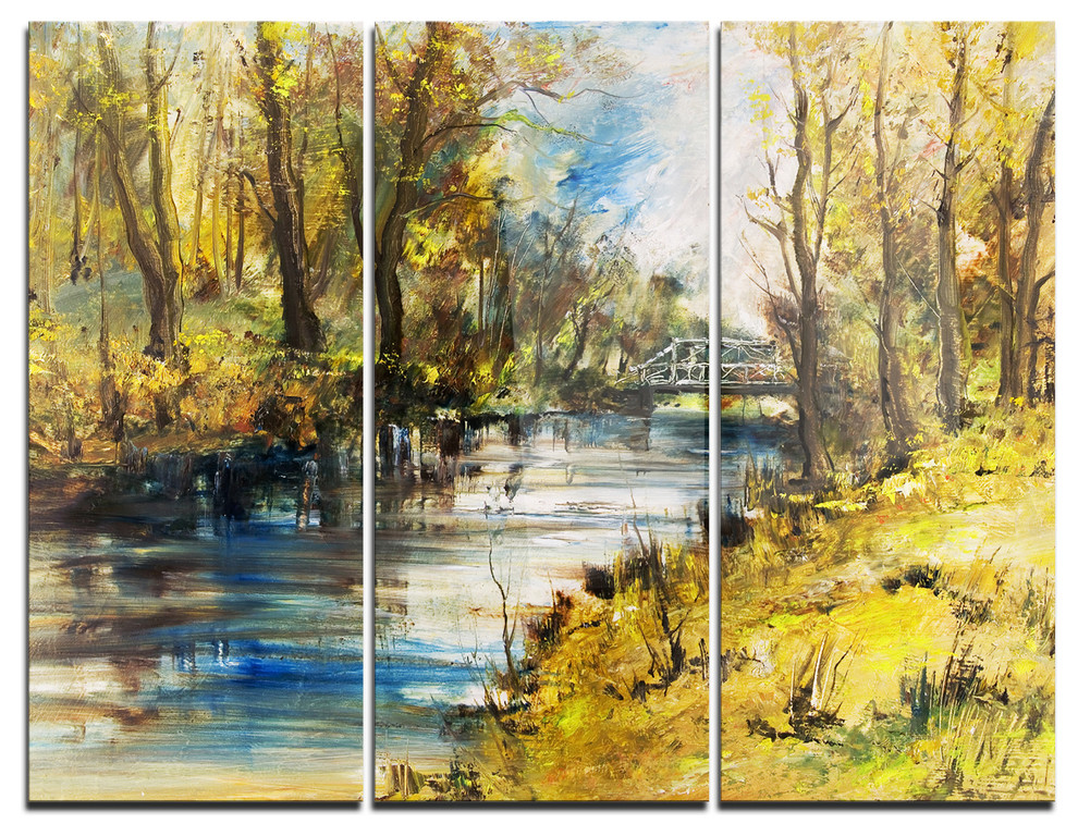"Bridge Over River Oil Painting" Painting Metal Wall Art, 3 Panels, 36"x28", 36"x28" 3 Panel