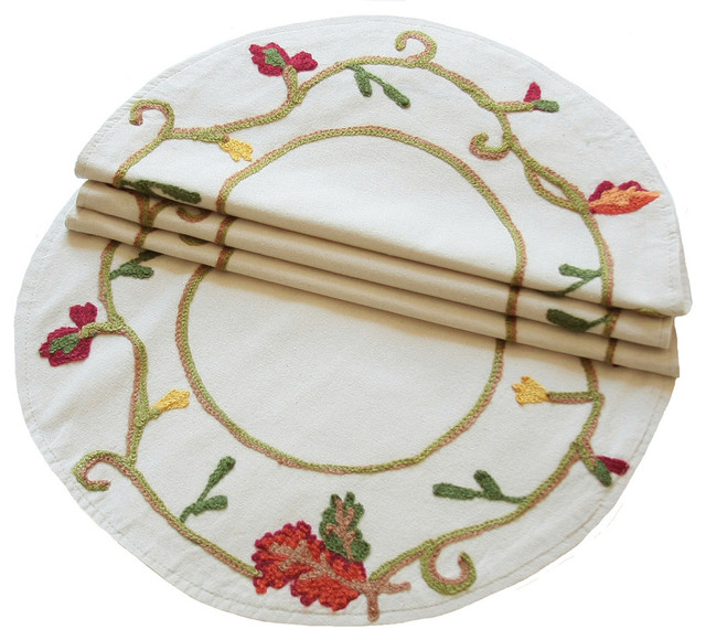 Harvest Vine Crewel Embroidered Fall Placemats, Set of 4, 16''Round