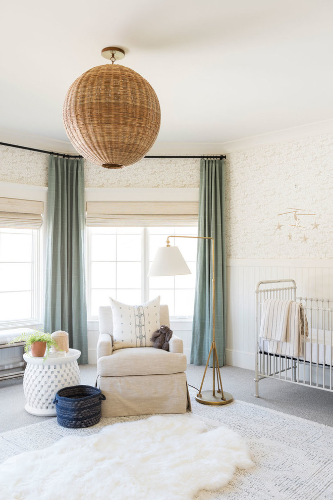 Nursery - large coastal girl carpeted and gray floor nursery idea in Salt Lake City