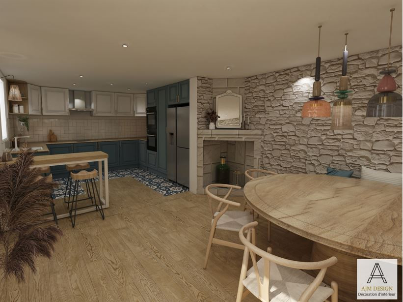 Стильный дизайн: угловая кухня-гостиная среднего размера в стиле кантри с деревянной столешницей, белым фартуком, фартуком из терракотовой плитки и техникой под мебельный фасад - последний тренд