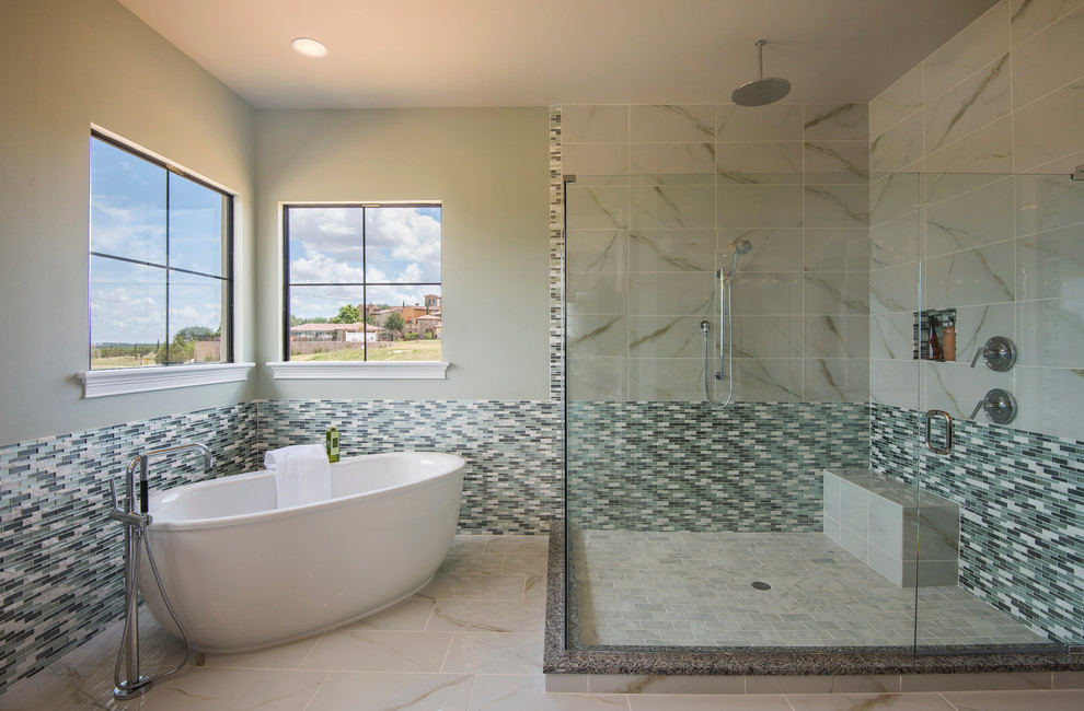 Design ideas for a transitional master bathroom in Orlando with a freestanding tub.