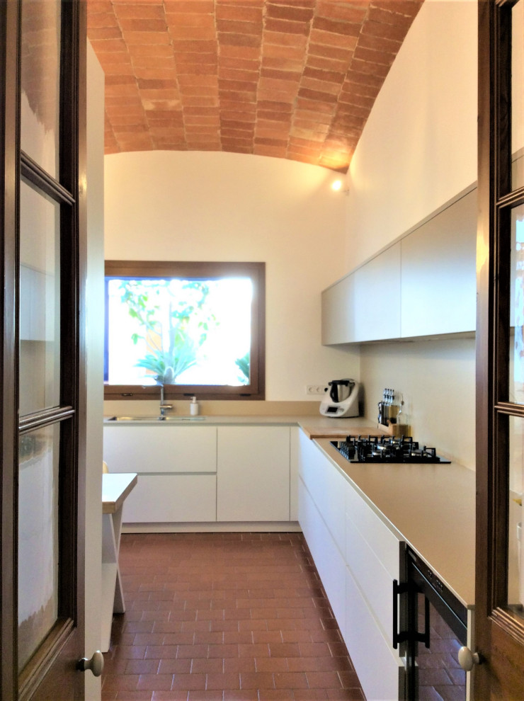 Идея дизайна: отдельная, угловая кухня в стиле рустика с врезной мойкой, плоскими фасадами, полом из терракотовой плитки, коричневым полом и сводчатым потолком