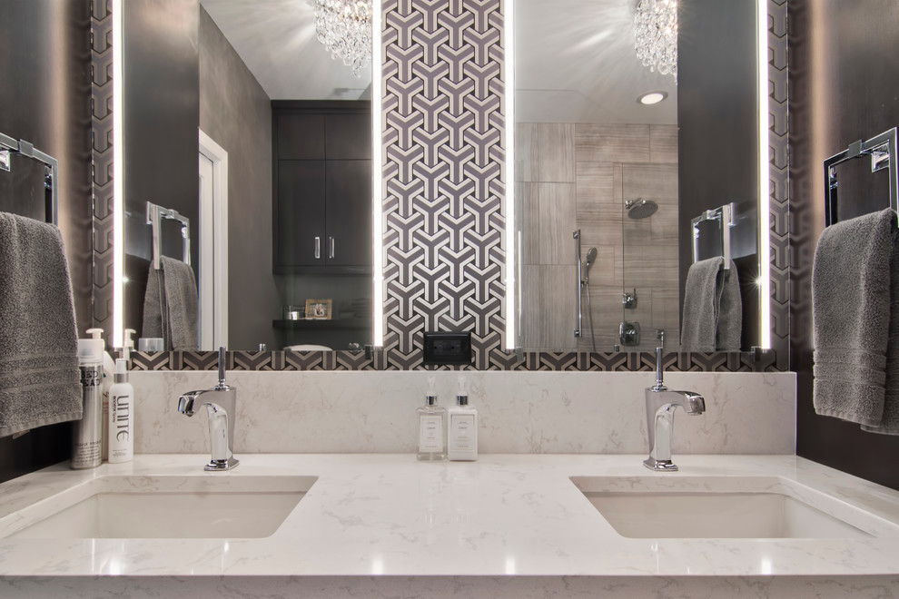 Example of a large transitional master beige tile and ceramic tile ceramic tile and beige floor alcove shower design in Minneapolis with an undermount sink, quartz countertops, flat-panel cabinets, black cabinets, a one-piece toilet, gray walls and white countertops