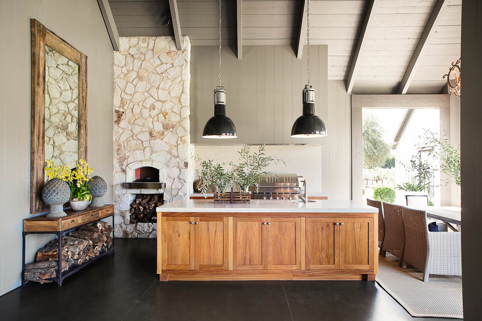 This is an example of a country patio in San Francisco with an outdoor kitchen.