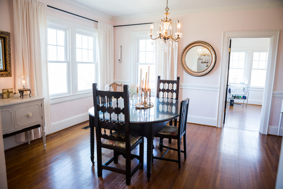 Inspiration for a mid-sized transitional separate dining room in Other with pink walls and medium hardwood floors.