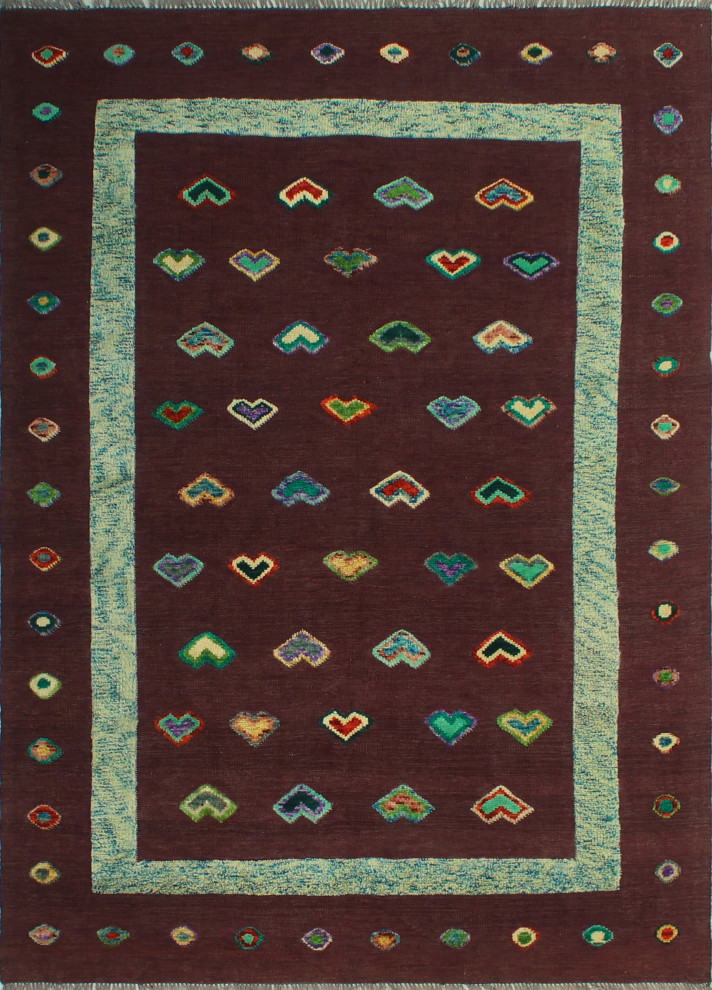 Handmade HighLow Kilim Haziel Eggplant/Blue Rug, 5'7x7'7, 5'7x7'7