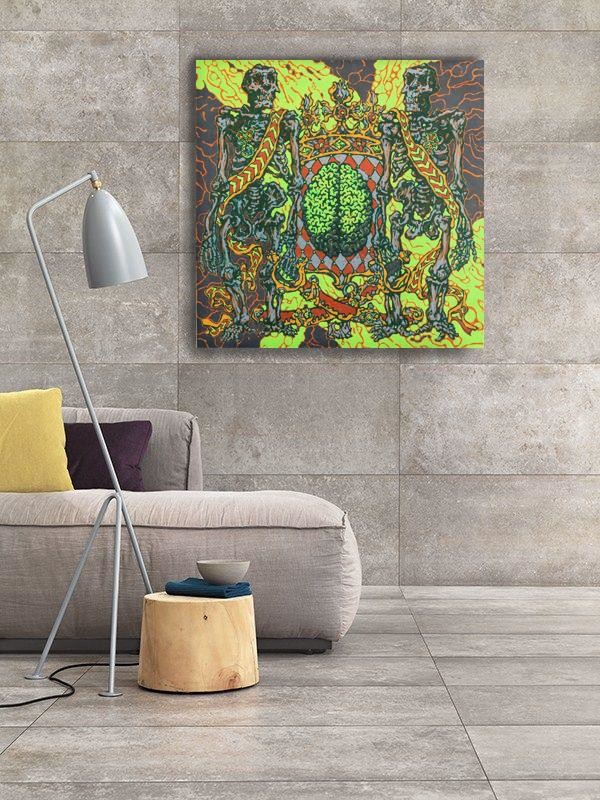 Original large painting colorful green Anthropological skeletons Contemporary ar