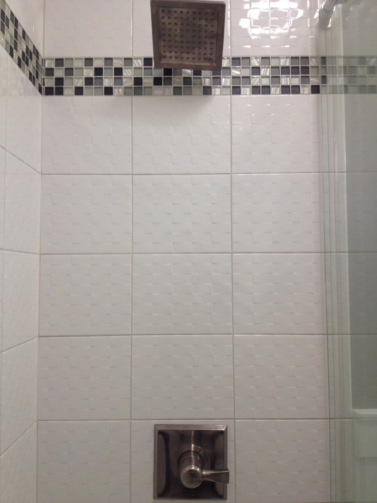 Example of a small transitional kids' white tile and ceramic tile porcelain tile home design design with a pedestal sink and gray walls