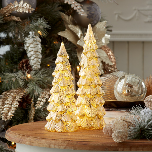 LED Glittered Glass Tree Decor, 2-Piece Set - Modern - Holiday Accents ...