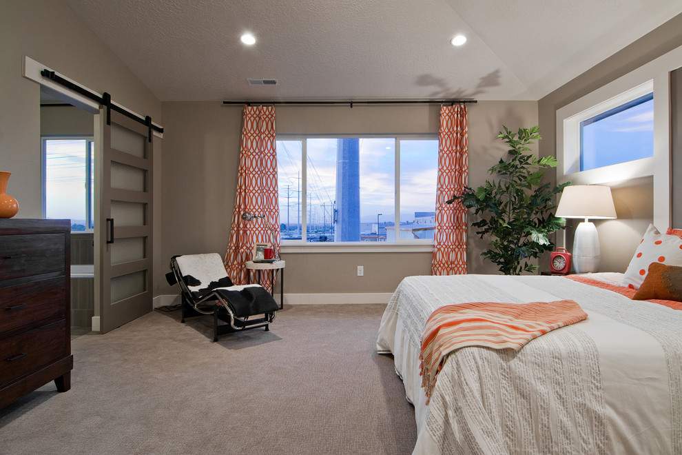 Inspiration for a contemporary master bedroom in Salt Lake City with beige walls, carpet and no fireplace.