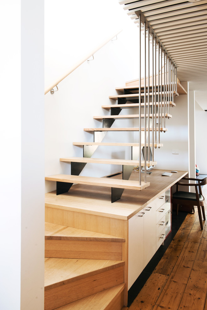 Design ideas for a mid-sized scandinavian wood u-shaped staircase in Melbourne with wood risers.