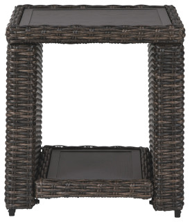 Handwoven Wicker End Table With Open Shelf, Brown And Black
