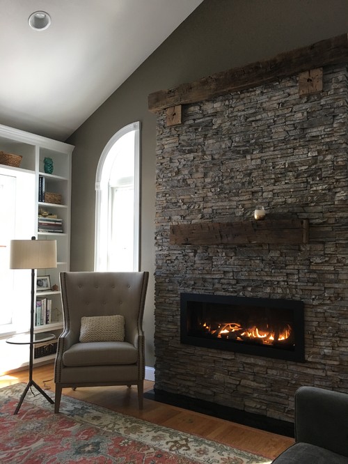 New Nantucket Stacked Stone and Reclaimed Oak Timber Fireplace