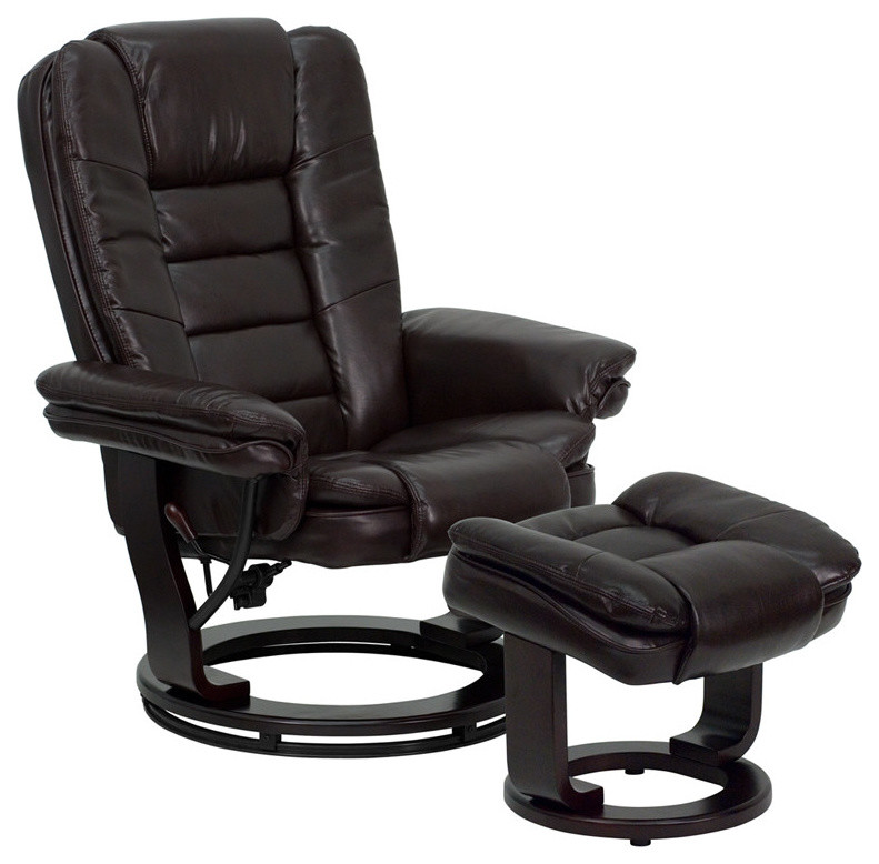 Contemporary Brown Leather Recliner and Ottoman with Swiveling Mahogany Base