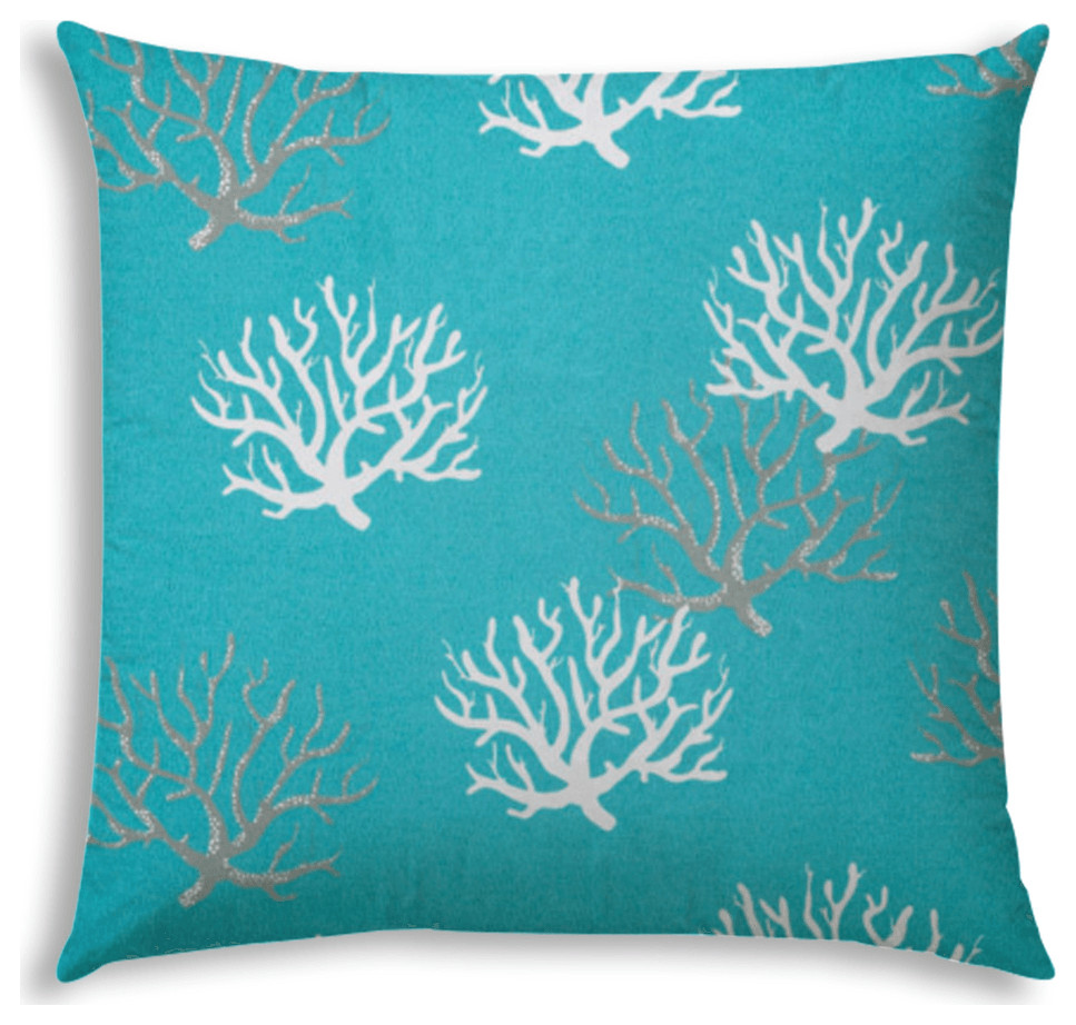 20" X 20" Aqua And White Corals Blown Seam Coastal Throw Indoor Outdoor