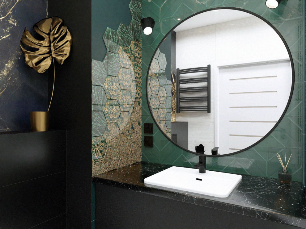Inspiration för mellanstora minimalistiska badrum med dusch, med luckor med glaspanel, svarta skåp, ett platsbyggt badkar, en dusch/badkar-kombination, en vägghängd toalettstol, gröna väggar, klinkergolv i keramik, ett nedsänkt handfat, vitt golv och dusch med skjutdörr