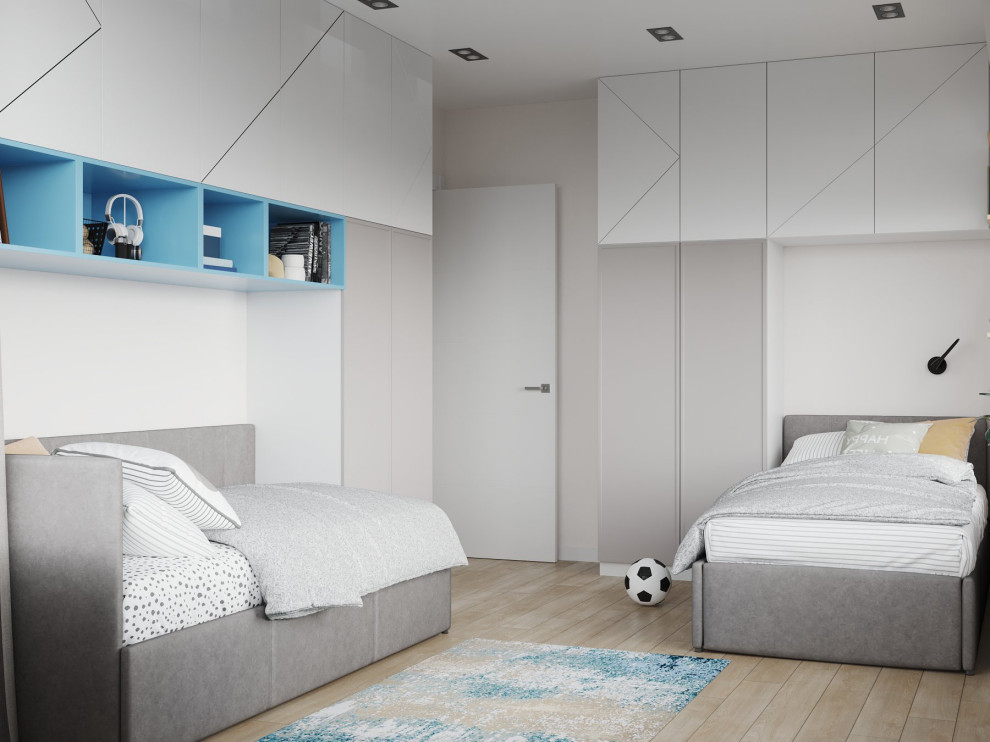 Inspiration för ett mellanstort funkis pojkrum kombinerat med sovrum och för 4-10-åringar, med vita väggar