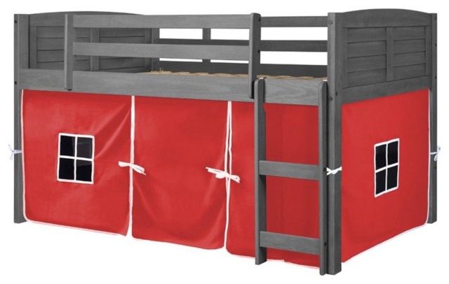 Donco Kids Louver Twin Solid Wood Low Loft Bed with Red Tent in Antique Gray