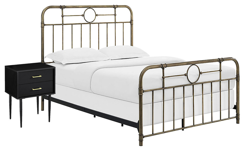 Metal Pipe Queen Bed with 2 Drawer Night Stand, Brass and Black