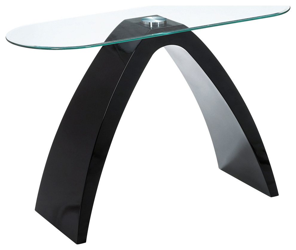 Contemporary Console Table, High Gloss Curved Base & Beveled Glass Top Contemporary Console