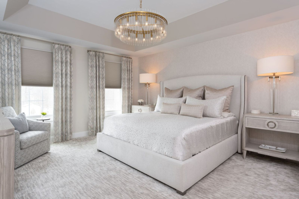 Design ideas for a large traditional master bedroom in Philadelphia with grey walls, carpet, grey floors and wallpapered walls.