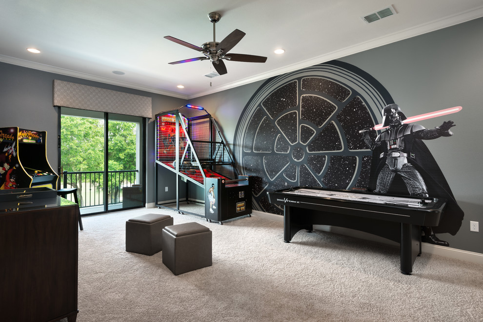 This is an example of a transitional enclosed family room in Orlando with a game room, grey walls, carpet and beige floor.