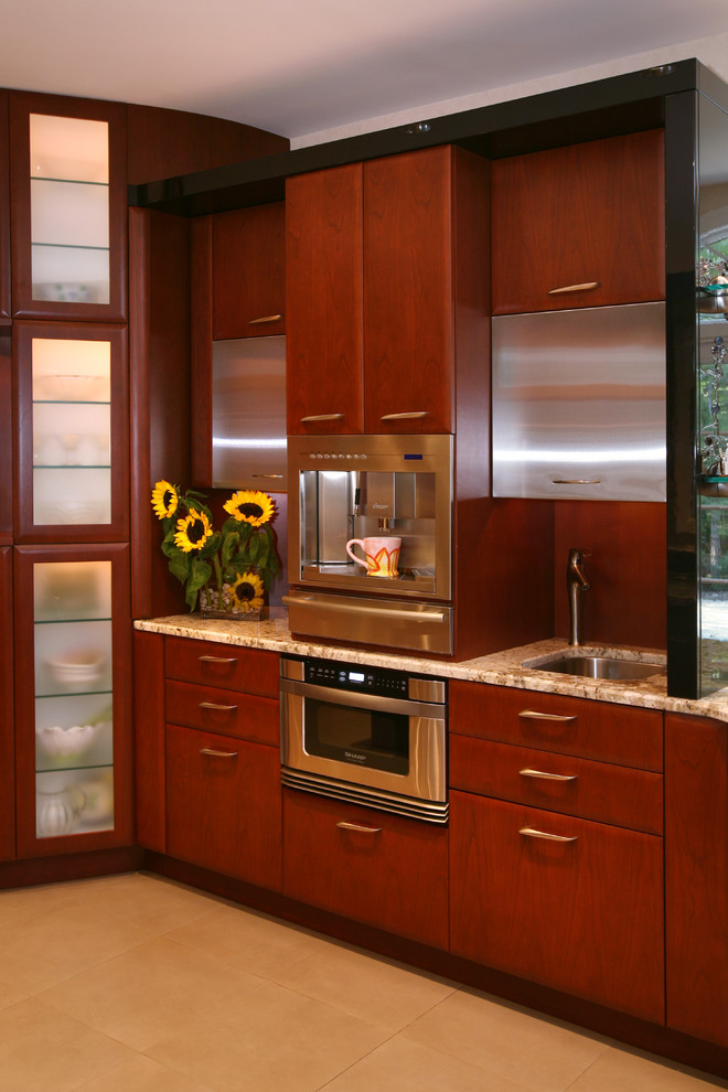Design ideas for a contemporary kitchen in Newark with flat-panel cabinets.