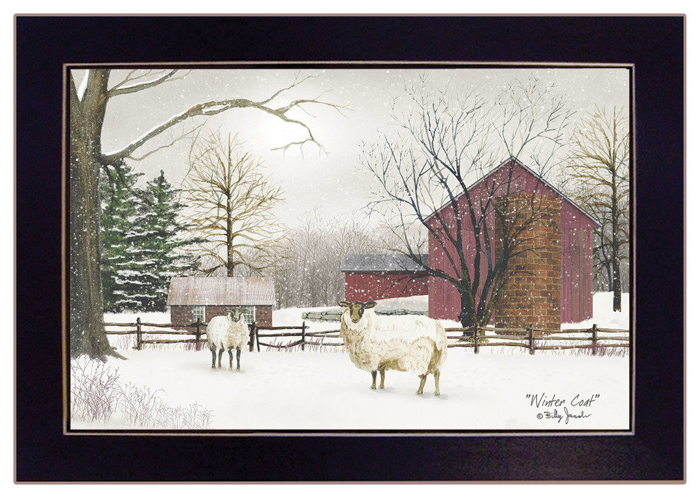 New Country Primitive Winter Farm RED STONE BARN SHEEP PICTURE Wall Hanging 