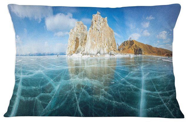 Lake Baikal Ice and Rocks Panorama Seascape Throw Pillow, 12"x20"