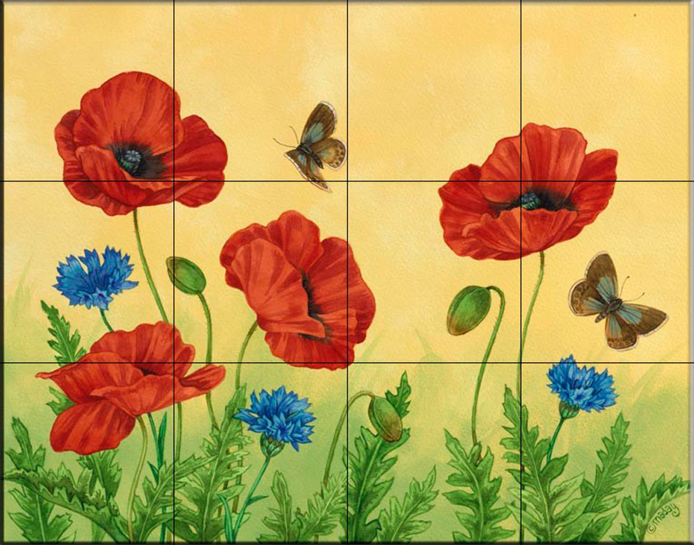 Tile Mural, Poppies And Cornflowers by Jane Maday