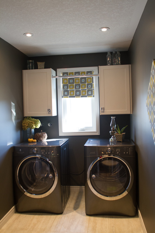 Laundry room - transitional laundry room idea with shaker cabinets, white cabinets and gray walls