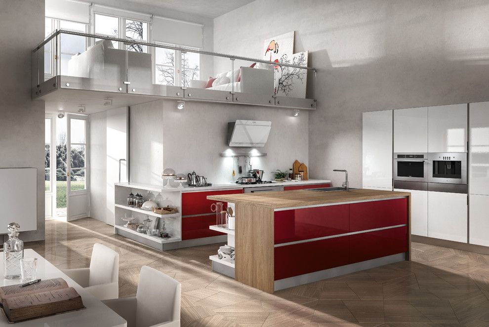 This is an example of a mid-sized modern galley eat-in kitchen in San Diego with a double-bowl sink, flat-panel cabinets, red cabinets, wood benchtops, grey splashback, stone slab splashback, stainless steel appliances, medium hardwood floors and multiple islands.