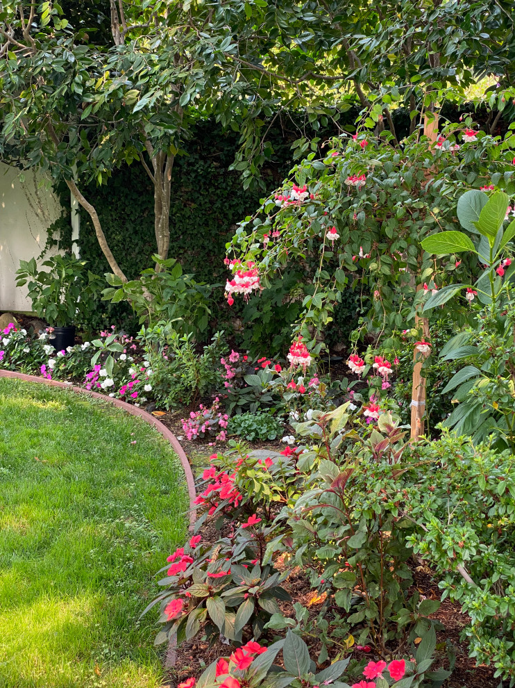 Ejemplo de acceso privado clásico renovado de tamaño medio en patio delantero con parterre de flores y exposición total al sol