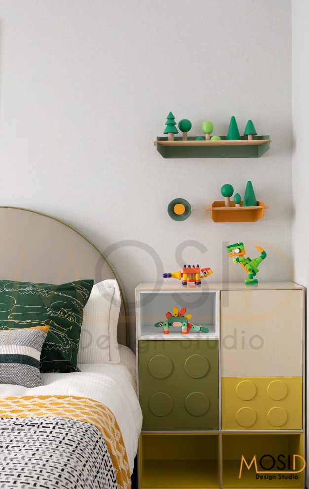 Mid-sized modern kids' bedroom in Other with grey walls, brown floor and recessed for kids 4-10 years old and boys.