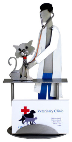 Vet Examining Cat Business Card Holder and Metal Figurine