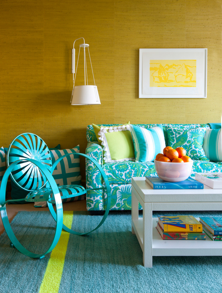 Photo of an eclectic living room in New York with yellow walls.